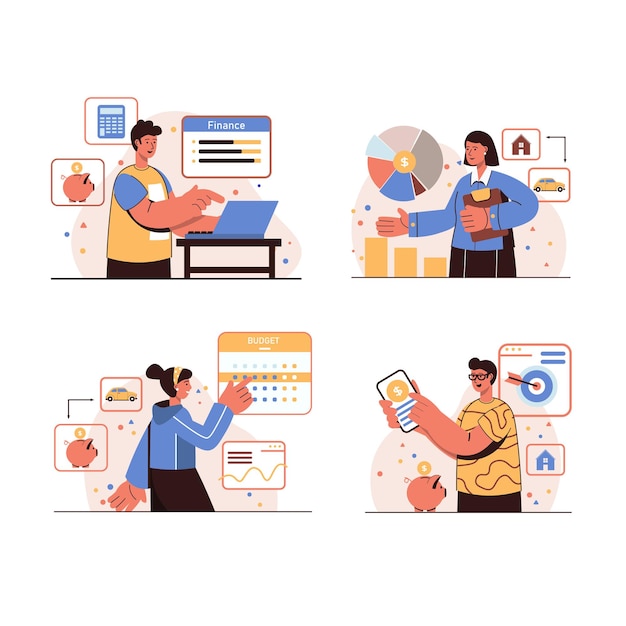 People planning financial budget concept isolated scenes set. Men and women analyze financial statistics, accounting, plan large purchases and saving money. Vector illustration in flat design