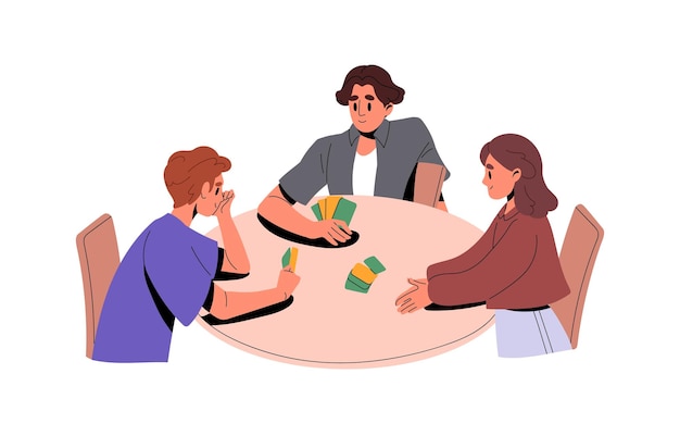 People play cards board game sitting at table together Happy friends players at boardgame poker home leisure activity Indoor entertainment Flat vector illustration isolated on white background