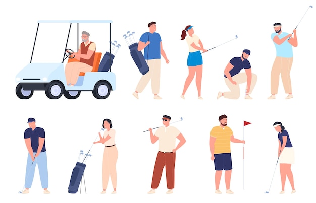 People play golf Male and female players hit the ball with a golf club to hit the hole Vector illustration