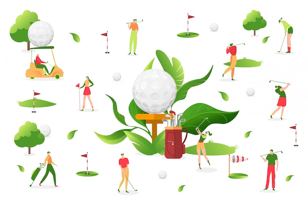 People play golf at white background,  illustration. Man woman character, sport outdoor activity. Professional player