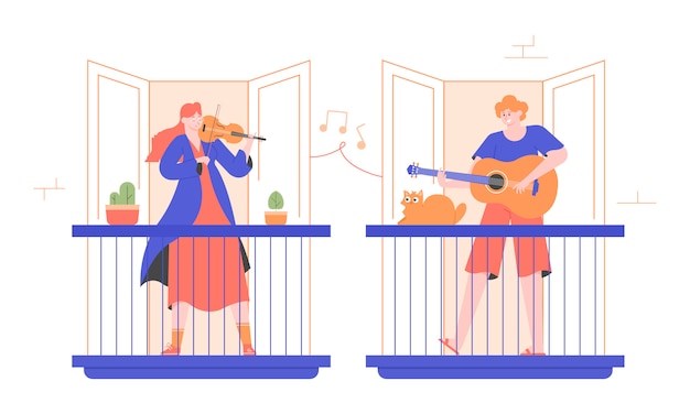 People play musical instruments on their balconies. Girl violinist and guy guitar player. Entertainment at home, a concert for neighbors, free live performance.  flat modern illustration.