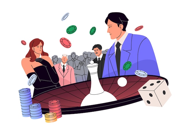 People play roulette dice Characters bet chips in casino to win jackpot Person spins fortune wheel risks Chance games Gambling business Flat isolated vector illustration on white background