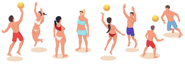 People playing beach volleyball on a white background Concept of outdoor summer activity Vector illustration