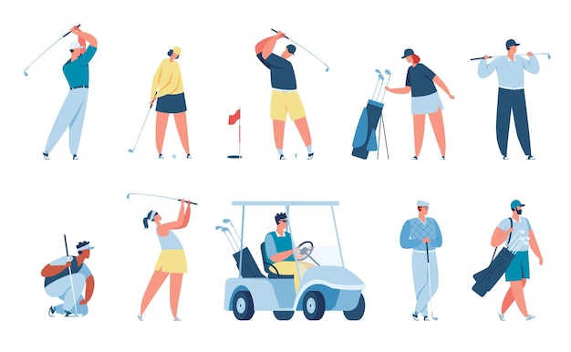 Vector people playing golf golfer characters with golfing equipment men and women golfers hitting ball driving cart sport activity vector set outdoor hobby or training leisure activity