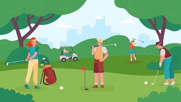 People playing golf in green park with lawn Vector park golf recreation people in game and sport illustration