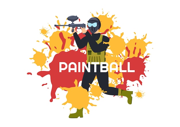 People Playing Paintball of Fighter Player Shooting with Gun Shoot in Field Scene in Illustration