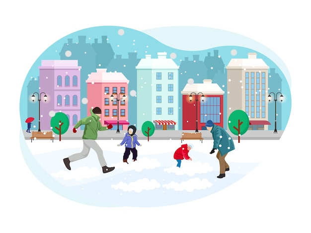 Vector people playing in snowfall