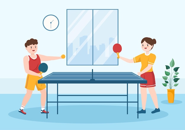 People Playing Table Tennis Sports with Racket and Ball Illustration