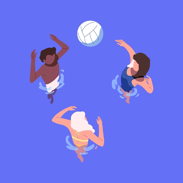 People playing with ball in water pool on summer vacation top view Friends in swimwear overhead standing in sea during summertime holiday leisure sport activity Flat vector illustration