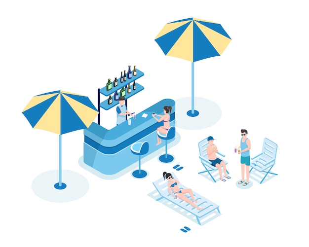 People in pool bar isometric vector illustration. Barkeeper, women in bikini and men in summer clothes 3D cartoon character