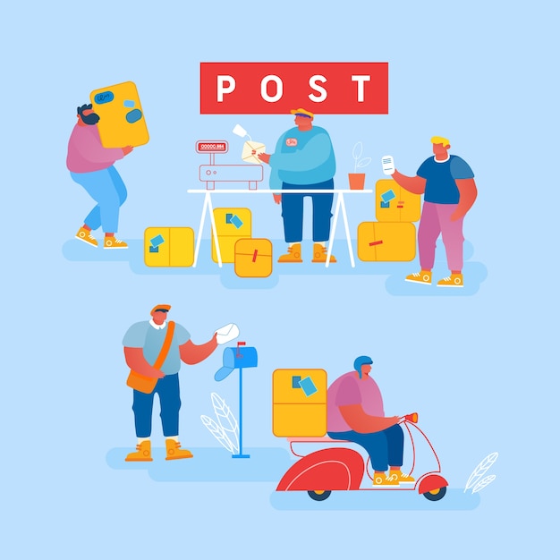 People in Post Office Send Letters and Parcels. Postmen Deliver Mail and Packages to Customers.