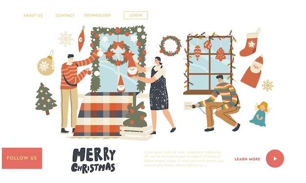 People Prepare to Celebrate Xmas Landing Page Template. Happy Characters Decorate Home for Christmas. Family or Friends Hang Baubles, Garland and Fir Tree Wreath on Window. Linear Vector Illustration