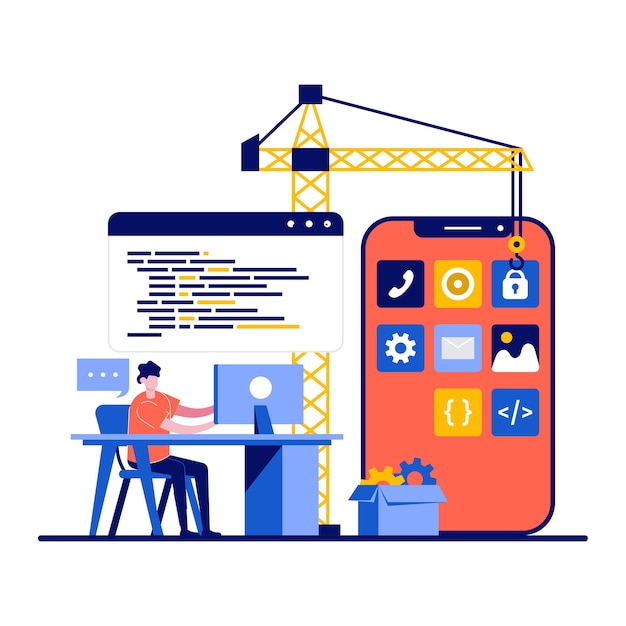 Vector people programming concept with tiny character.