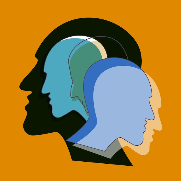 People prophile heads Schizophrenia concept symbol of depresion dementia Vector ilustration