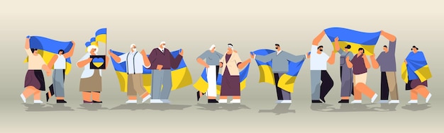 people protesters holding Ukrainian flags pray for Ukraine peace save Ukraine from russia stop war concept full length vector illustration