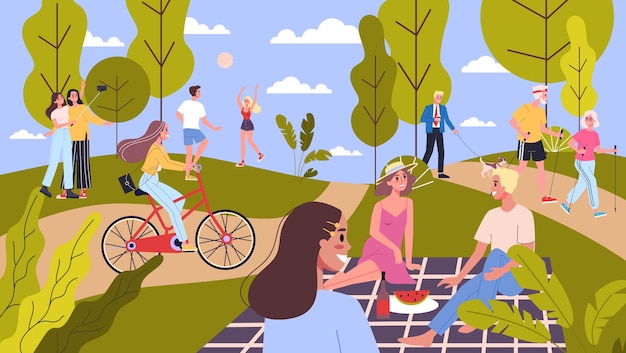 People in the public park. Walking a dog, doing sport and resting in the city park. Summer activity, picnic in the park.  illustration 