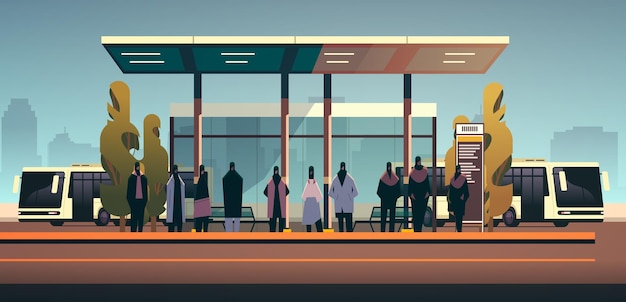 people at public transport bus station comfortable moving concept horizontal cityscape background vector illustration