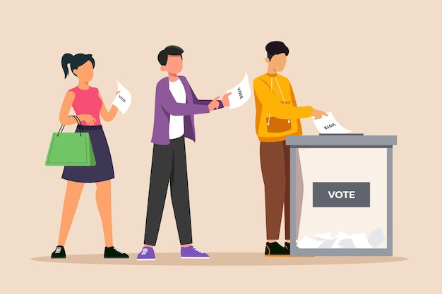 People queue in front of vote table for general regional or presidential election Voting concept Colored flat graphic vector illustration