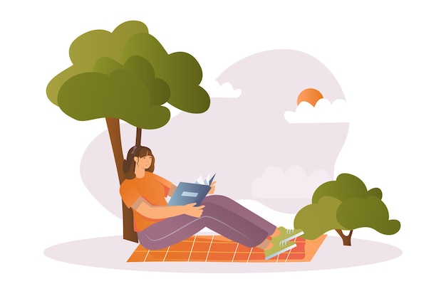 People reading books concept with people scene in the cartoon style A girl reads a book on a picnic