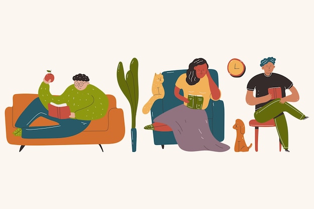 People reading books on sofa, armchair and chair  cartoon illustration isolated on a white background.