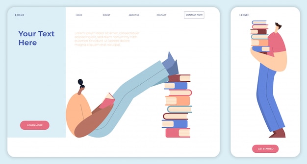 People reading, stack of books, students in library, literature lovers. Man and woman cartoon characters. Landing page, application. Flat   illustration.