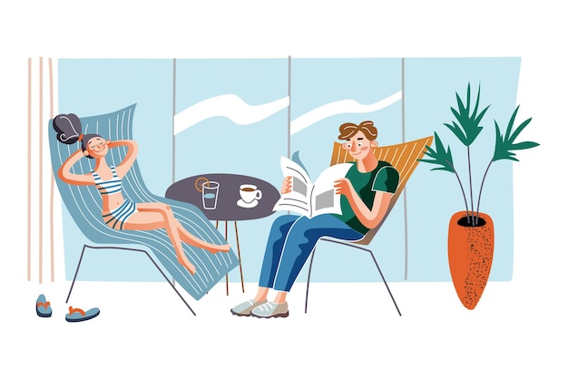 People on recliners illustration Couple chilling in chaise longues at home with coffee and cocktail