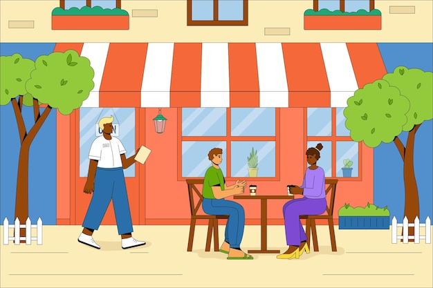 Vector people relax and drink coffee outdoors vector concept of a summer cafe