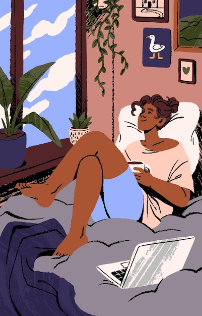 People relax at home postcard Woman lying on bed hold cup of tea in hand Girl spend time alone in cozy house Person rest looking out window dreaming in leisure weekend Flat vector illustration