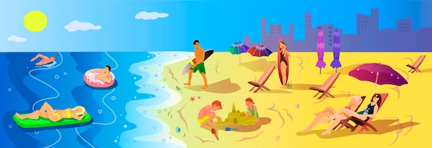 People relaxing at sandy beach in summer sea holiday Young Men and women on travel vacation City near ocean resort Man and girl go to surfing with board People swim in water Vector illustration