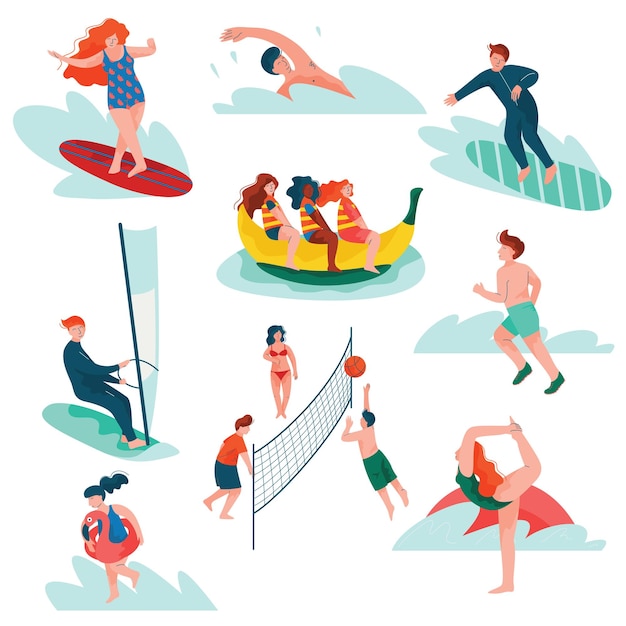 Vector people relaxing at summer vacation set young man and woman surfing swimming sailing doing sports summer outdoors activities vector illustration on white background