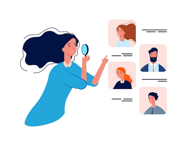 People resources. HR manager, boss choose employers. Recruitment agency, business woman hiring workers vector illustration. Recruitment worker, recruit personal, resource opportunity