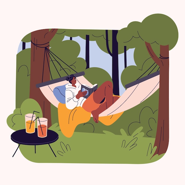 People rest on nature outdoors in summer Young woman lying relax in hammock reading paper book in wood house backyard Woodland holiday with juice glasses Flat isolated vector illustration