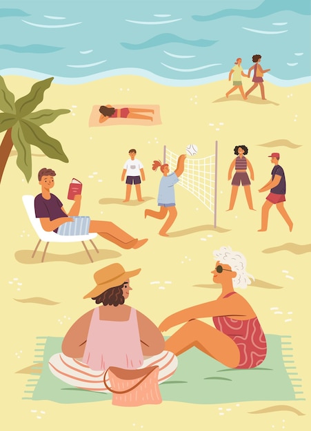 Vector people resting on beach vacation and relaxation