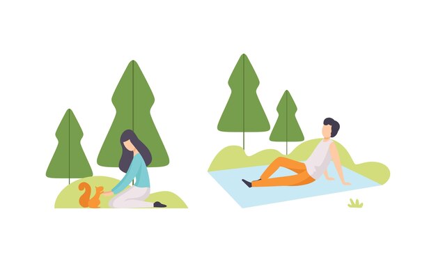 Vector people resting in park with man sitting on blanket and woman playing with squirrel vector set