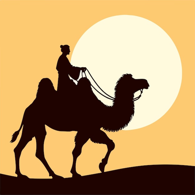 People ride camels with a simple silhouette