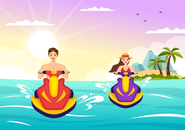 People Ride Jet Ski Illustration Summer Vacation Recreation and Beach Activity in Hand Drawn