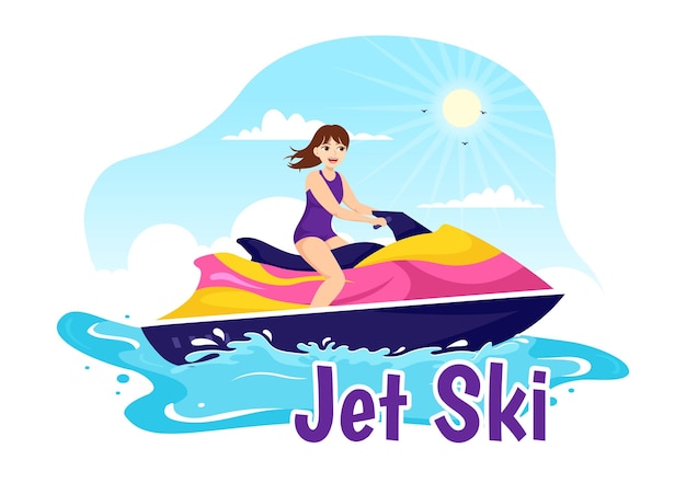 People Ride Jet Ski Vector Illustration Summer Vacation Recreation and Resort Beach Activity