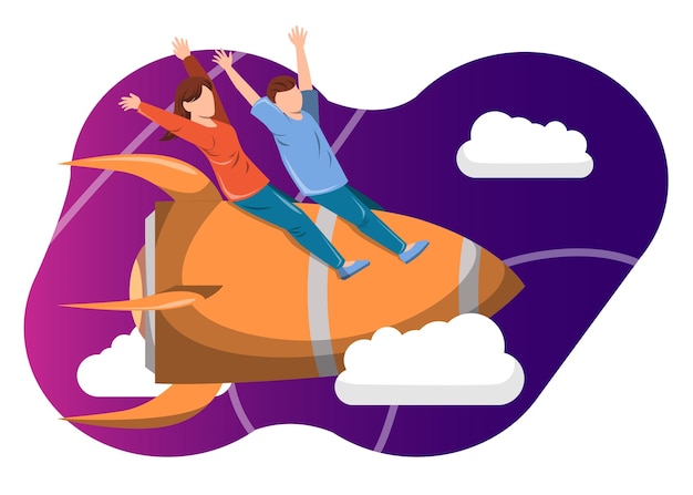 People riding a rocket launcher flat illustration concept rise of the career to success rocket