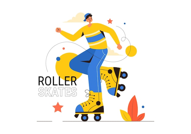 Vector people riding roller skates in a city park for outdoor activities sports recreation or weekend leisure on flat cartoon background vector illustration