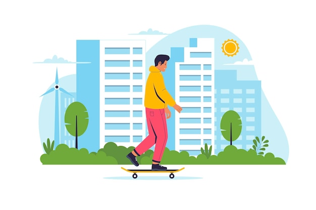 People riding skateboard on the modern city street vector illustration