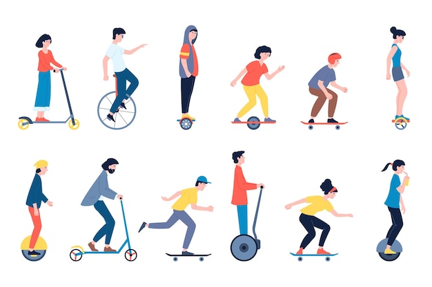 People riding skateboard Teenage safety ride on segway and wheel transport Person on skateboards and electric kick scooter Personal alternative transport recent vector set