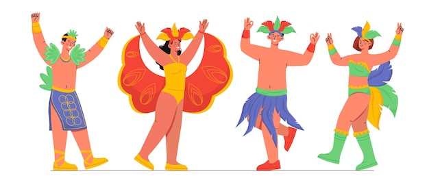 People at Rio Carnival set Men and women in traditional Brazilian clothing Young guys and girls with colorful feathers Cartoon flat vector collection isolated on white background