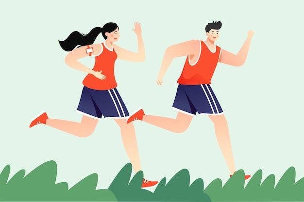 People running for fitness to lose weight running track and plants in the background vector