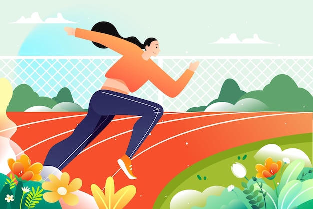 People running for fitness to lose weight running track and plants in the background vector