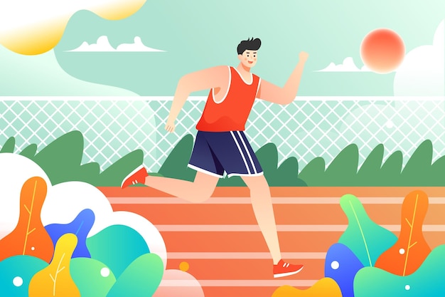 People running for fitness to lose weight running track and plants in the background vector