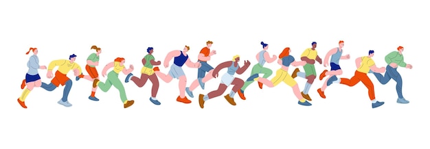 People running marathon Fast run person speed athletes Isolated sport cartoon flat characters Women men activity race competition kicky vector scene