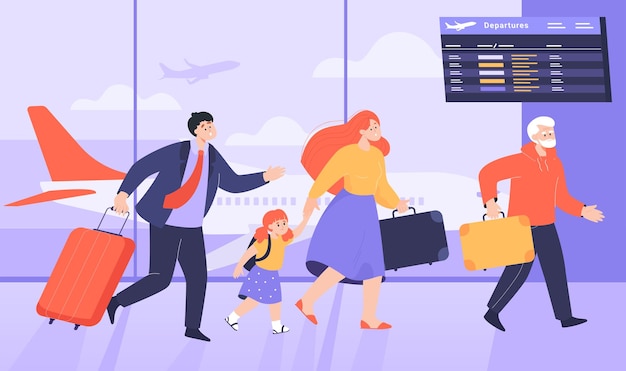 Vector people rushing to take plane flat vector illustration. mother with daughter, businessman, elderly man being late for airplane. passenger carrying luggage and hurrying up for flight. transport concept