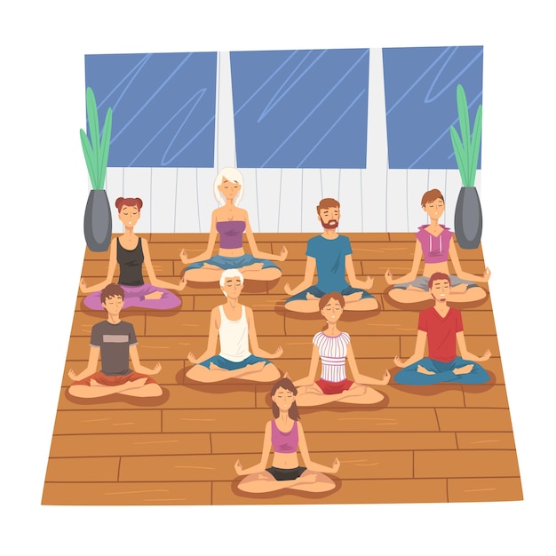 Vector people safe the balance with group meditation relaxation cartoon vector illustration