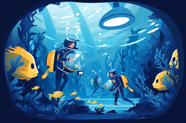 Vector people in scuba tank underwater