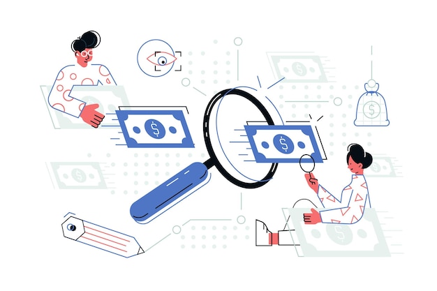 People searching money vector illustration Cartoon man and woman with magnifier looking for banknotes signs flat style concept Water marks and protection levels of greenbacks